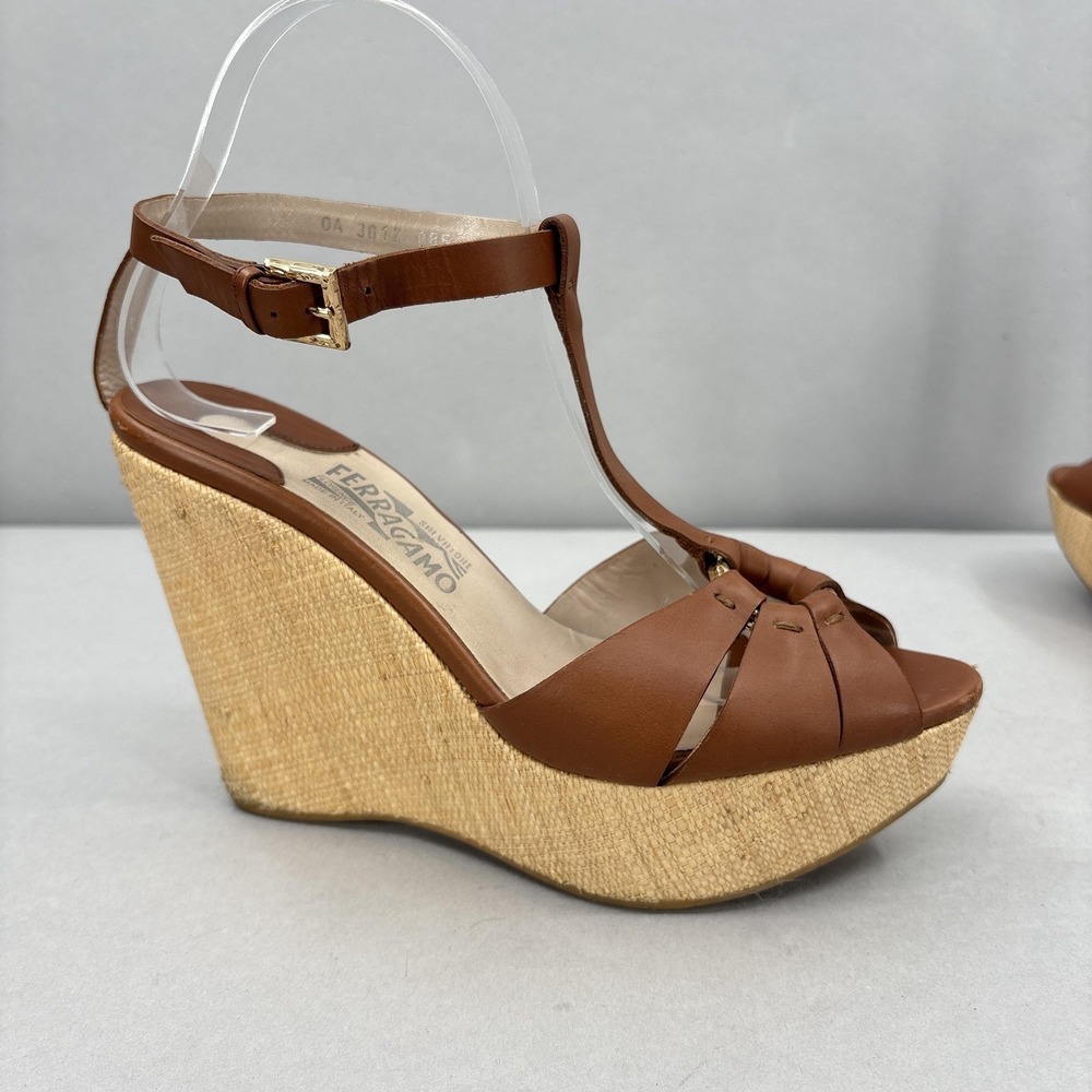 Salvatore Ferragamo Wedge Sandals Shoes Womens 8.5 Leather Espadrille Italy